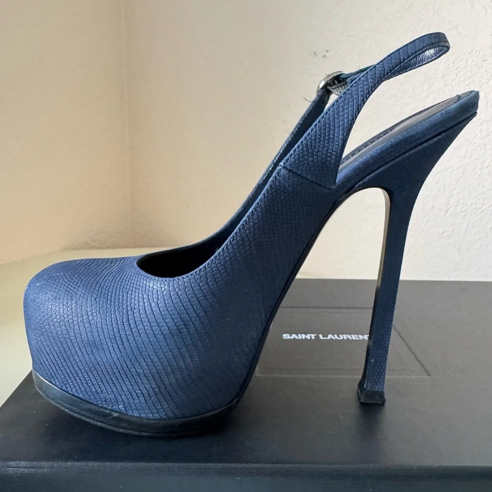 Saint Laurent Navy Blue Suede Tribtoo Slingback Heels 105mm - Picture 13 of 15
